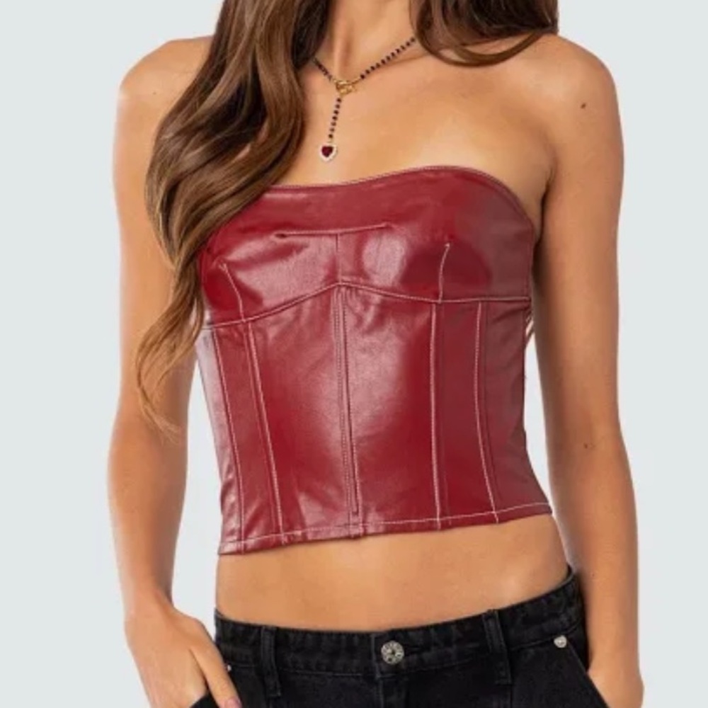 Edikted Red Faux Leather Corset Top